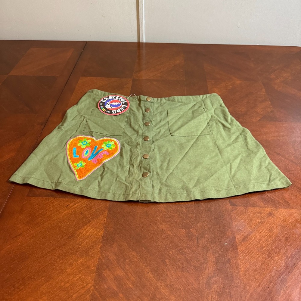 Grateful Dead Cotton Mini Skirt‎ Womens Love Embroidered Military Green M